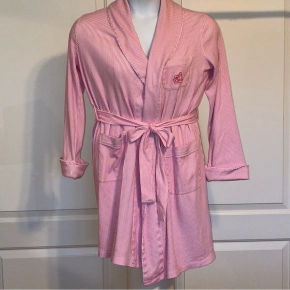 Ralph Lauren Women's Short Pink/White Stripe Robe Medium Cotton Pockets - Picture 1 of 9